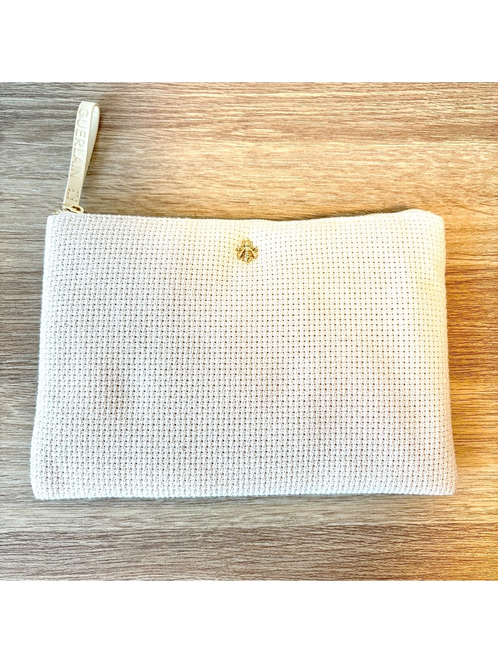 Guerlain Makeup Pouch, White Bag, Woven Style, Paris Bee Emblem Cosmetics